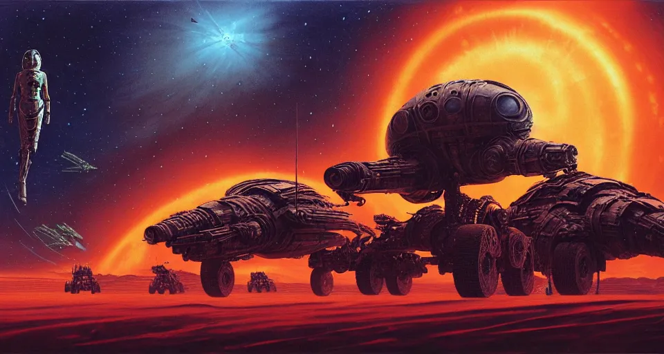 Prompt: dramatic perspective fury road in space a minimalist bioluminescent oil painting by donato giancola, chris foss, warm coloured, cinematic scifi with giant bright translucent cephalopod cyborg jellyfish with microscopy, gigantic pillars, maschinen krieger, beeple, the matrix, star wars, ilm, star citizen, mass effect, artstation, atmospheric perspective