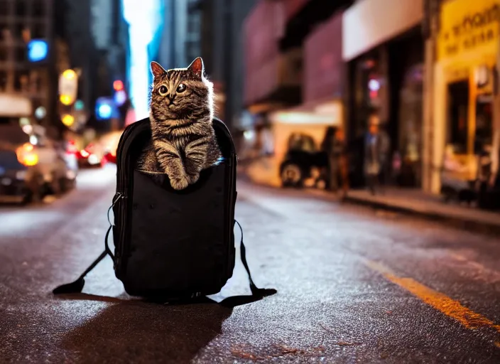 Image similar to photography of a Cat being carried in a backpack . in a new york street. award winning photo, led lighting, night, 130mm, sharp, high res