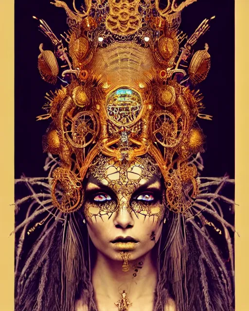 Image similar to hyperrealistic detailed portrait of a beautiful dark goddess in an intricate golden ornamental ritual headdress, intricate cyberpunk make - up, golden face tattoos, insane details, art by ernst haeckel, nekro borja, android jones, alphonso mucha, gothic - cyberpunk, beautiful deep colours,