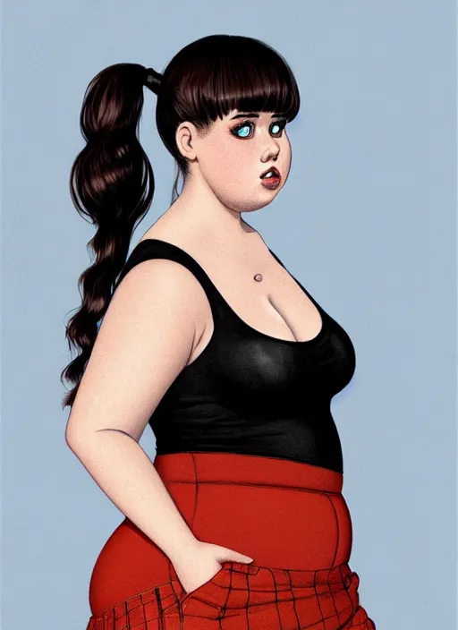 Image similar to full body portrait of teenage betty cooper, obese, bangs, ponytail, sultry, realistic, sultry smirk, ponytail hairstyle, fluffy bangs, curly bangs, skirt, fat, belly, intricate, elegant, highly detailed, digital painting, artstation, concept art, smooth, sharp focus, illustration, art by wlop, mars ravelo and greg rutkowski