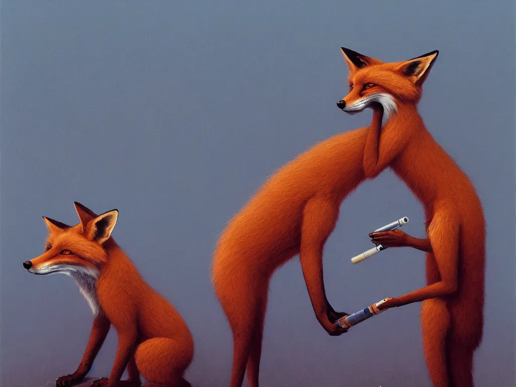 Image similar to an anthropomorphic male red fox fursona smoking a joint, by zdzisław beksinski and greg rutkowski, surreal, horror, 8 k