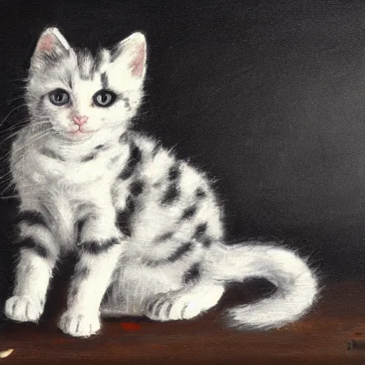 Prompt: black and white kitten sitting on a wooden floor next to a fireplace oil painting