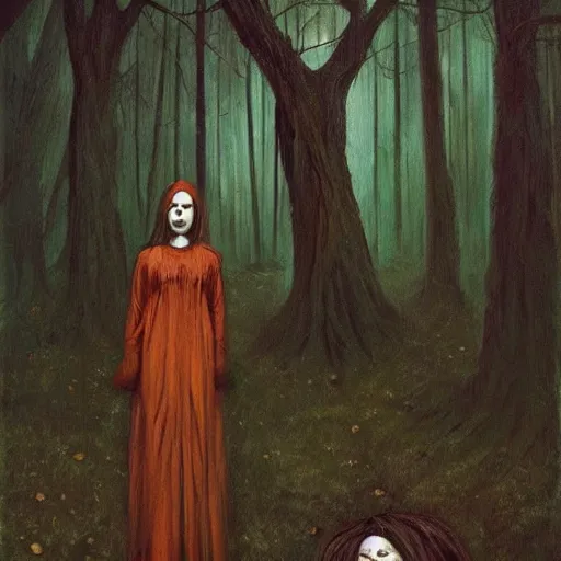 Image similar to an oil painting of a priestess in the woods by esao andrews. circa survive album cover art. dark. muted colors. gothic. oil painting with brush strokes. creepy.