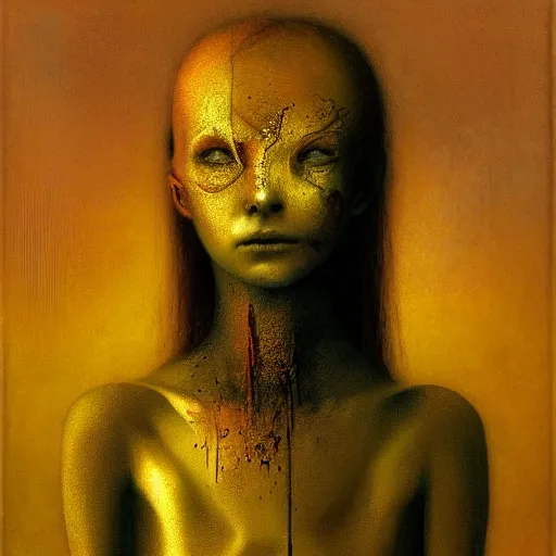 Image similar to portrait of ethereal young vampire princess in golden armour by Beksinski