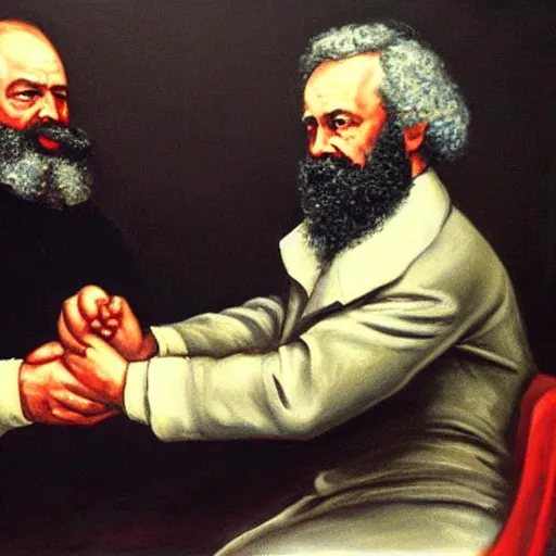 Image similar to oil painting of karl marx and emmanuel macron arm wrestling