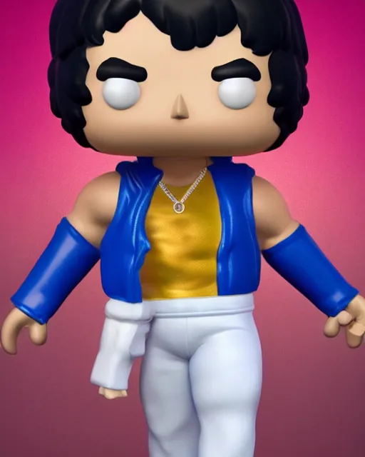 Image similar to full body 3 d render of freddie mercury, white sleeveless tank top blue jeans as a funko pop!, four, studio lighting, white background, single body, no shadow, blender, trending on artstation, 8 k, highly detailed