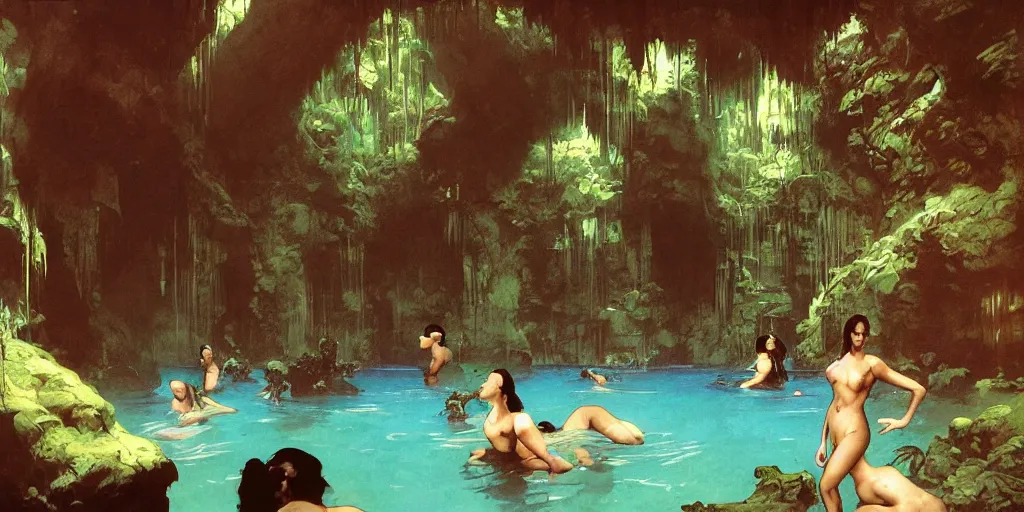 Image similar to a tropical cave that renovate as a luxury interior as several beautiful women bathe in the waters surrounding a muscled adventurer by syd mead, frank frazetta, ken kelly, simon bisley, richard corben, william - adolphe bouguereau, detailed concept art