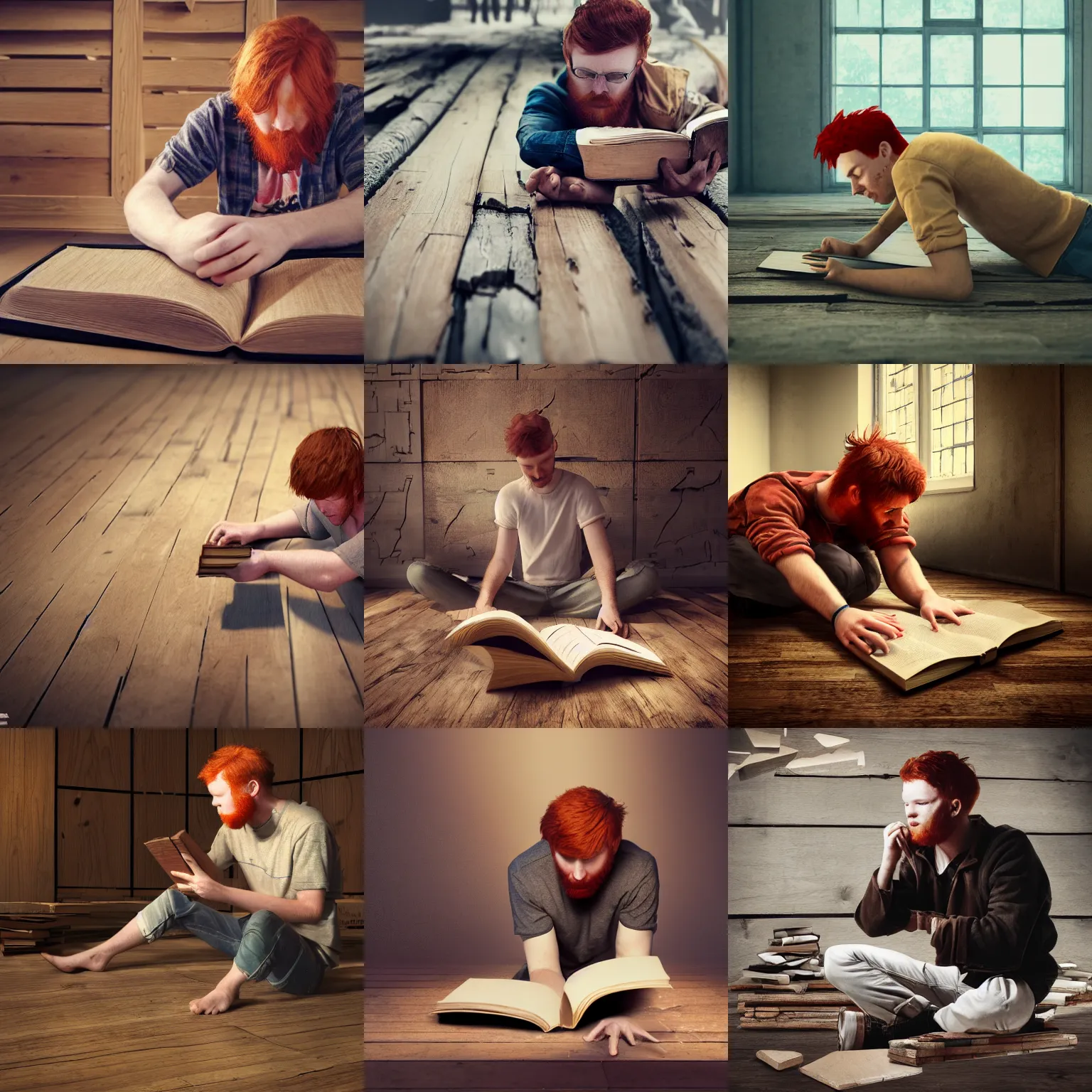 Prompt: A young redheaded man wearing broken wings made of thin wooden planks is sitting on the floor and trying to read one of the open books that surround him, sharp focus, depth of field, hyper detailed, hyper realistic, High definition, trending at artstation, 8k, octane render