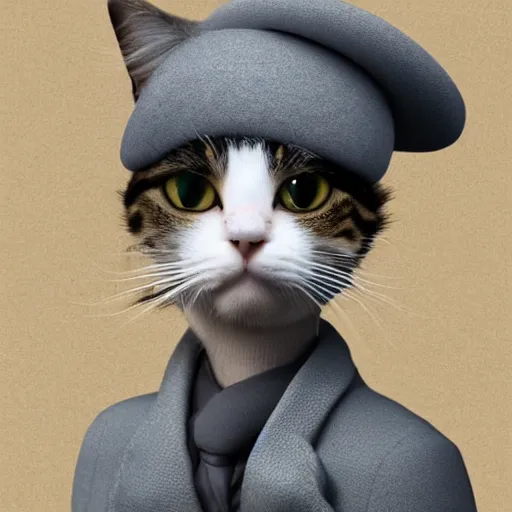 Image similar to professional portrait of a cute cat wearing a grey beret and smoking a cigarette in paris, 8k, ultra intricate, ultra realistic,