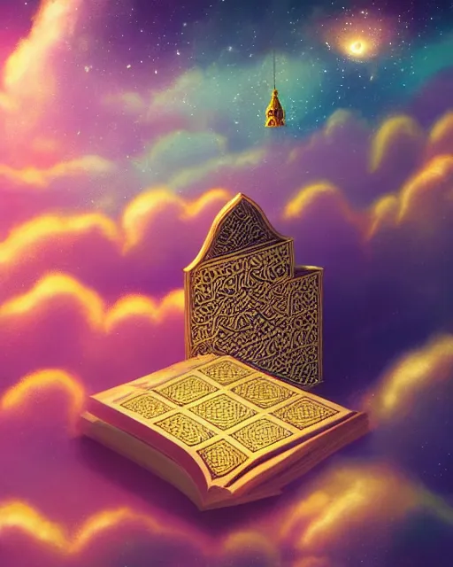 Image similar to the quran descending from the galaxy into clouds highly detailed, gold filigree, romantic storybook fantasy, soft cinematic lighting, award, pastel color palette, featured on artstation