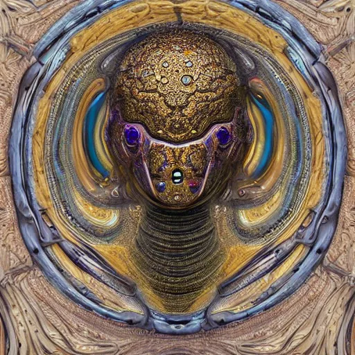 Prompt: ''metallic microbial fractal insectoid alien face dmt entity pablo amaringo vermeer hyperrealistic highly detailed intricate