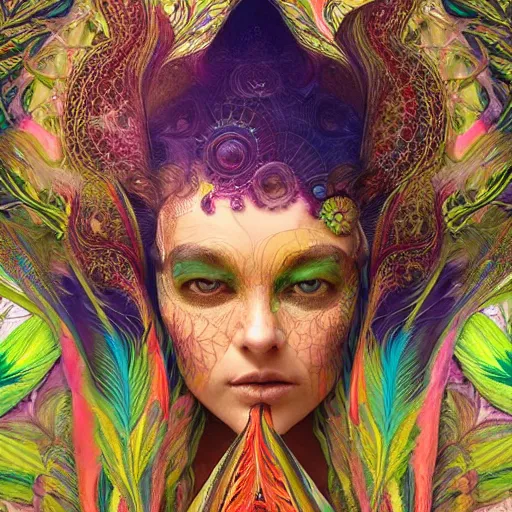 Prompt: A reality bending psychedelic ayahuasca experience, colorful, distorted, surreal, tropical bird feathers, dramatic lighting on the face, intricate lace, elegant fabric, highly detailed, digital painting, concept art, smooth, sharp focus, illustration, art by Krenz Cushart and Wayne Barlowe and alphonse mucha