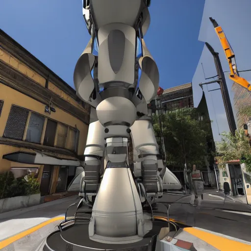 Prompt: Photo of glados from portal 2 as a large metal statue in town center