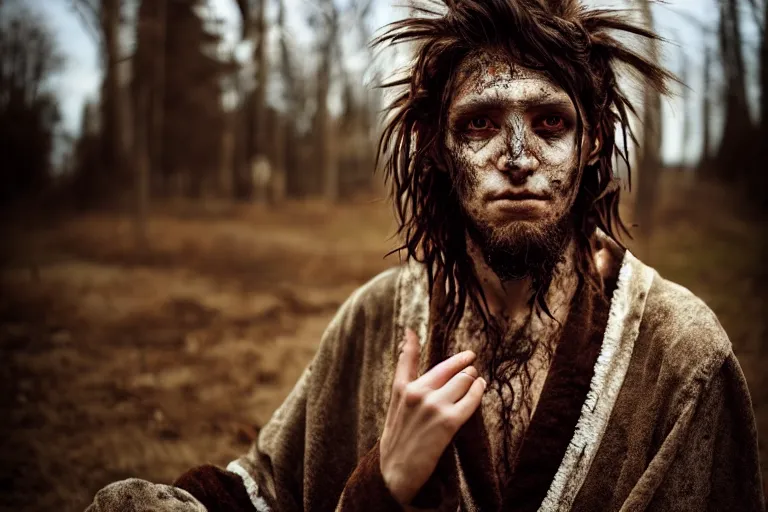 Prompt: character and environment photography, portrait shamanistic infested 2 0 - year - old male druid, messy hair, old tattered robe, medium shot, wide angle, 2 0 0 px, full front, natural light
