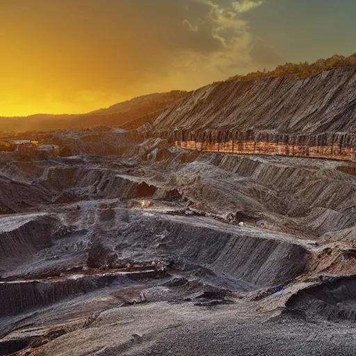 Image similar to bottom-up view huge deep stone quarry landscape quarry of dirty iron ore in the evening light golden hour, atmospheric lighting, 8k resolution, best color graded, vray beautiful, hyper-realistic render W 1920 H 1080