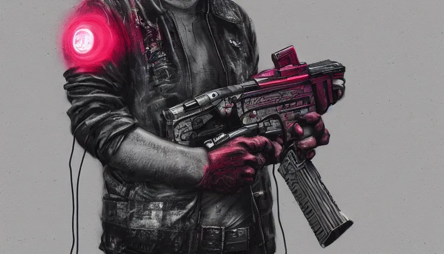 Image similar to elmo!! holding a pistol in cyberpunk, digital art, rendering, hyperrealistic, photorealism