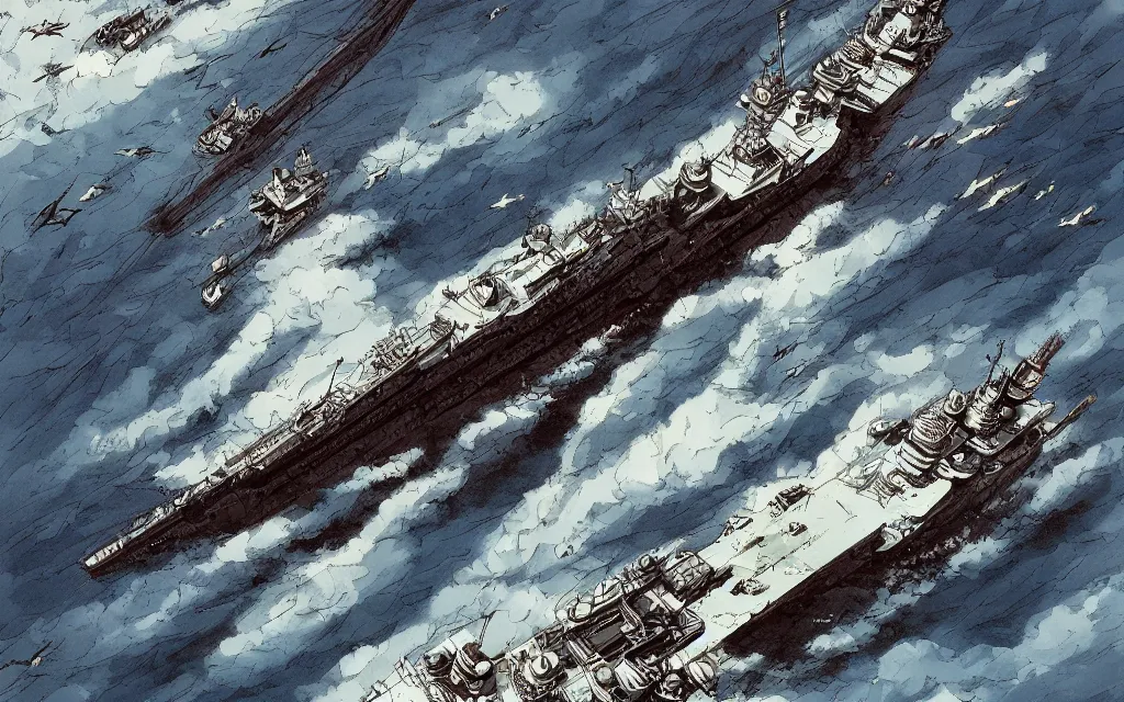 Image similar to japanese battleship yamato flying between the clouds, in the style of james jean and laurie greasley, dynamic composition, dramatic lighting, ultra detailed