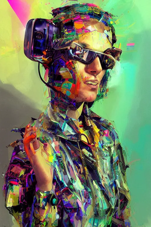 Prompt: portrait, headshot, digital painting, an delightfully crazy, wholesome techno - shaman lady, vr headset, psychodelic, synthwave, glitch, fracture, realistic, hyperdetailed, chiaroscuro, concept art, art by john berkey