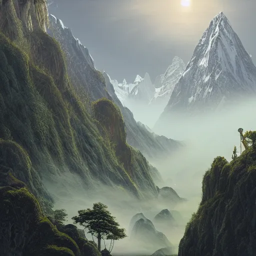 Prompt: a beautiful and highly detailed digital art of nepal in science fiction movie, detailed high buildings and rockets, forgotten valley, swirling mist, lush forests, intricate details, epic scale, insanely complex, 8 k, sharp focus, hyper realism, fantasy landscape, psychedelic, by caspar friedrich,