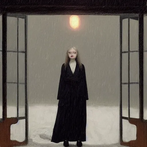 Prompt: Elle Fanning with a creepy cult at night in the world of Edward Hopper, stormy snowy weather, beach, fire, black robes, extremely detailed masterpiece, oil on canvas, low-key neon lighting, artstation, Blade Runner 2049, Roger Deakin’s cinematography, by J. C. Leyendecker and Peter Paul Rubens,