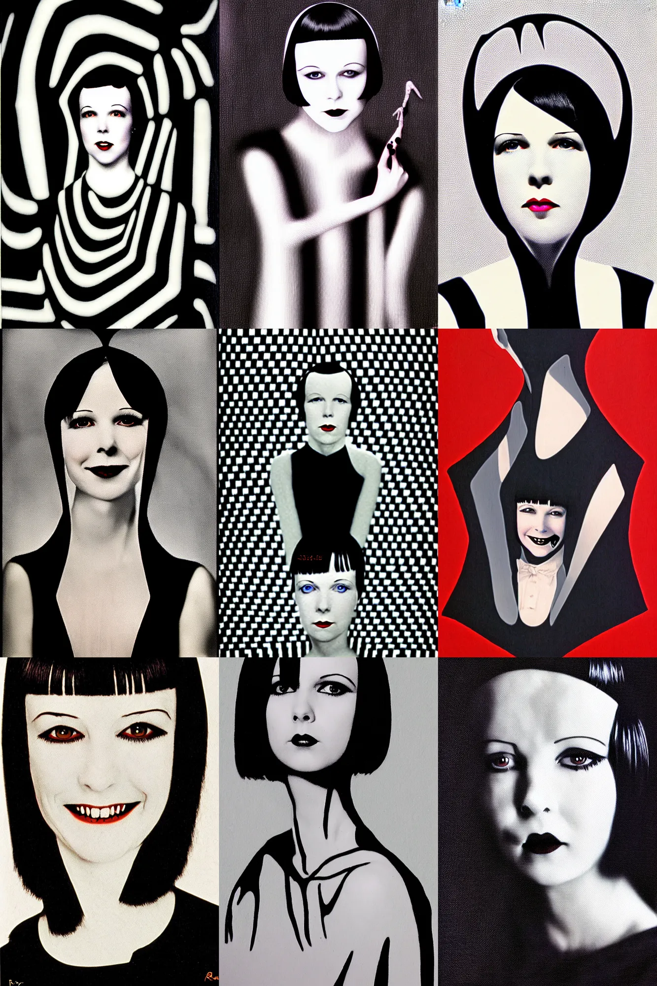 Prompt: portrait of 2 2 yeard old mary louise brooks as a vampire, op art, by rob plater