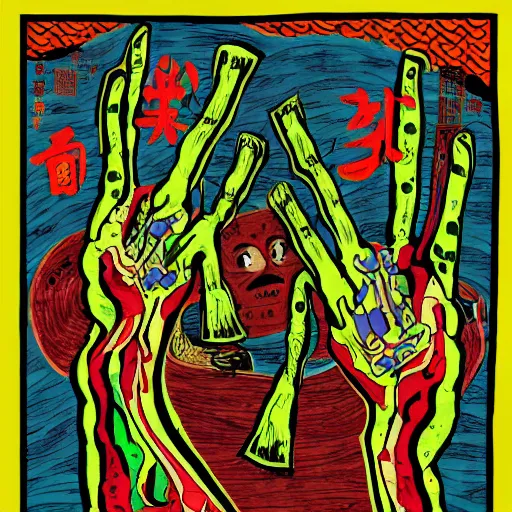 Image similar to three arms, in the style of daniel johnston and outsider art, 4k, overlaid with chinese text