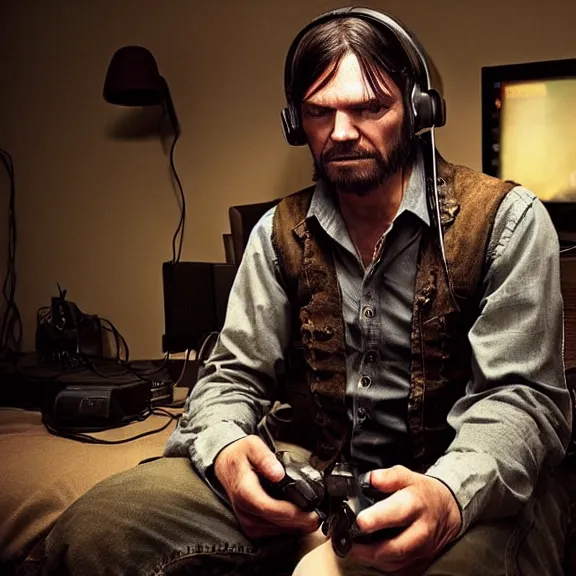 Image similar to john marston in a dimly lit bedroom, playing pc games with gaming headphones on, photograph, top lit