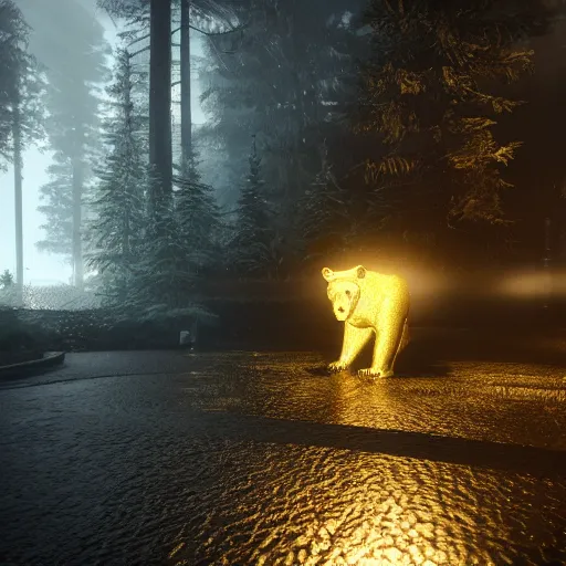 Prompt: gold bear, unreal engine 5, realistic, dark, moody, godrays, 8k