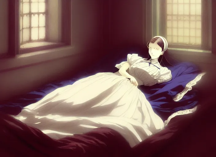 Image similar to victorian britain 1 8 3 6, 1 6 year old florence nightingale, asleep in a luxurious english victorian bedroom, dreaming of becoming a nurse, finely detailed perfect art, gapmoe yandere grimdark, trending on pixiv fanbox, painted by greg rutkowski makoto shinkai takashi takeuchi studio ghibli