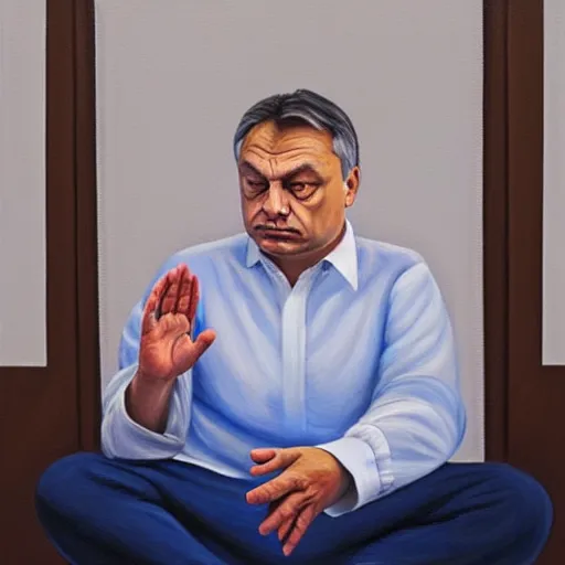 Image similar to viktor orban meditating in a cubicle, oil painting