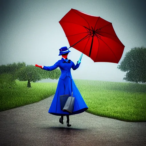 Prompt: mary poppins holding an umbrella, being blown to the sky by the strong wind. 3 d octane render