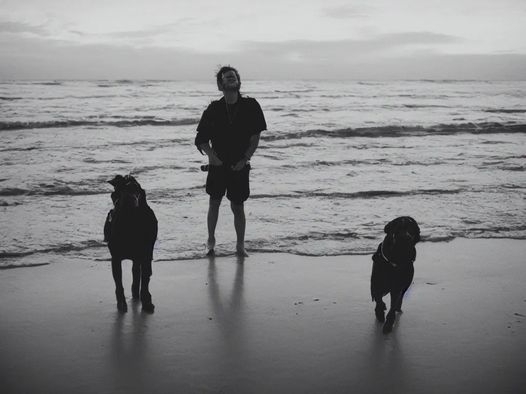 Prompt: 3 5 mm photography of huggy wuggy on a beach, sunset