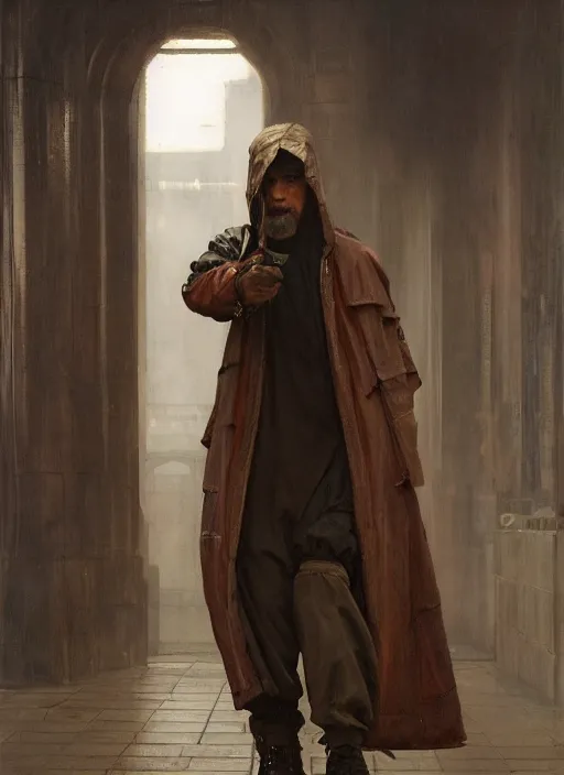 Image similar to futuristic cyberpunk beggar priest wearing an old raincoat ( blade runner 2 0 4 9, cyberpunk 2 0 7 7 character design ). orientalist portrait by john william waterhouse and james gurney and theodore ralli and nasreddine dinet, oil on canvas. cinematic, hyper realism, realistic proportions, dramatic lighting, high detail 4 k