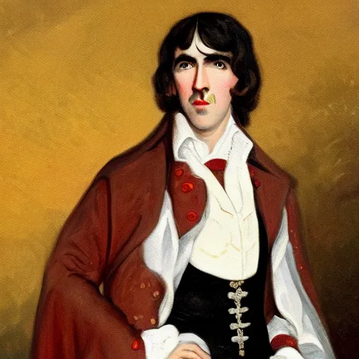 Prompt: regency era painting of a young george harrison in the style of henry pierce bone