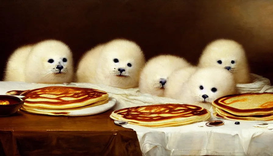 Image similar to highly detailed painting of cute furry white baby seals in a pile of jam pancakes on a table by william turner, by greg rutkowski, by william constable, thick brush strokes and visible paint layers, 4 k resolution