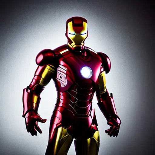 Image similar to “Elmo dressed as Iron Man, portrait, realistic, 50 mm lens, medium shot, dramatic studio lighting, cinematic, black background, realistic photo”