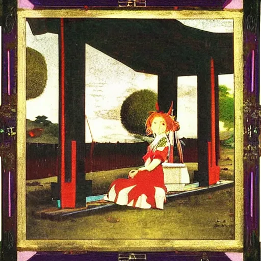 Prompt: small shinto shrine on the border of fantasy and reality, touhou gensokyo art by oskar schlemmer rembrandt romantic oil on canvas shimmer