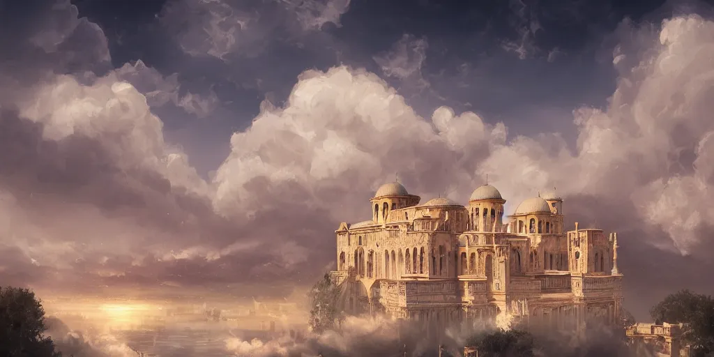 Image similar to beautiful digital illustration of a Byzantine palace in a sea of clouds by Andreas Rocha, fluffy pastel clouds, establishing shot, cinematic, architecture, concept art, deviantArt, artsation, artstation HQ, HD, 16k resolution, smooth, sharp detail, amazing depth, octane, finalRender, Unreal Engine