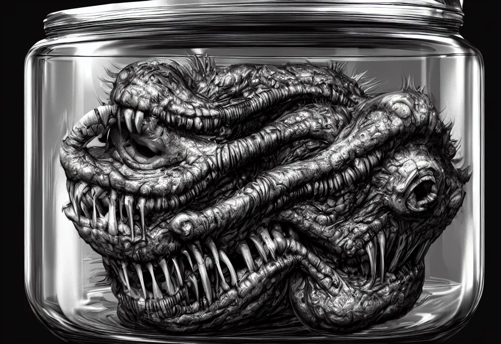 Image similar to Photorealistic miniature monster inside a jar on clean background by H.R. Giger, KDA and Sam Yang, trending on artstation