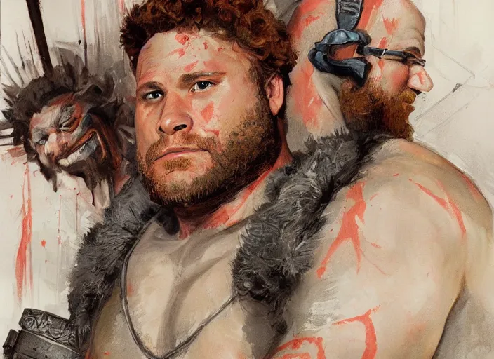 Image similar to a highly detailed beautiful portrait of seth rogen as kratos, by gregory manchess, james gurney, james jean