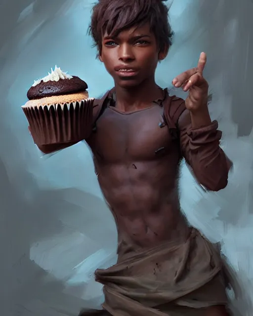 Prompt: a ( ( boy as personification of chocolate cupcake ) ), beauty, fantasy bakery, digital painting by krenz cushart, greg rutkowski, artgerm, laurie greasly, wlop, intricate, highly detailed!!, sharp focus, smooth, epic composition, joyful, unreal engine, masterpiece, 8 k, interesting background