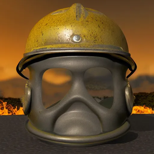 Image similar to 1969 US Army Helmet, 3d model, jungle on fire in the background, 8k, 3d render