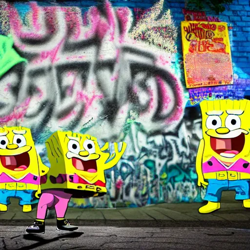 Image similar to Plastic SpongeBob and Sandy rapping, wearing rap outfits and bandanas, standing on the street, surrounded by a crowd of plastic fishes, wide angle shot, HDR, 4k, photoshop, patchwork, the earth is quaking under their feet from the music which cracks the ground, shockwaves are coming out, graffiti in the background, details faces, visible eyes, unreal engine