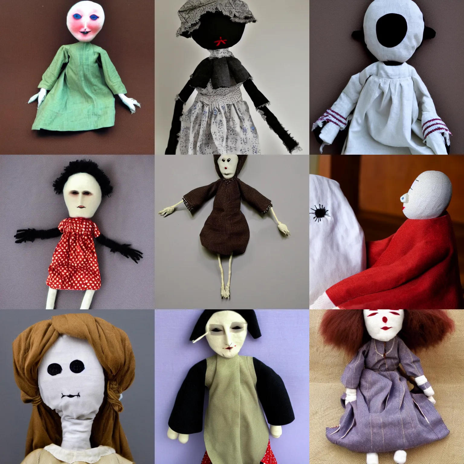 Prompt: Rag doll puppet of Russian old lady no face no eyes white head , hand sown