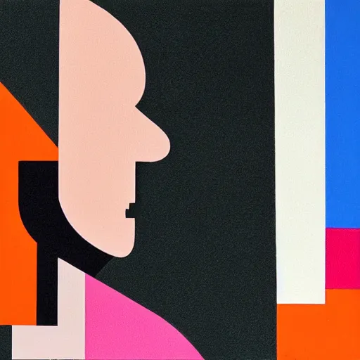 Image similar to close up portrait of a person speaking on the phone, abstract painting in the style of Sophie Taeuber-Arp and Gary Hume and Tatsuro Kiuchi, flat colour-block style, geometric abstraction, dark colours