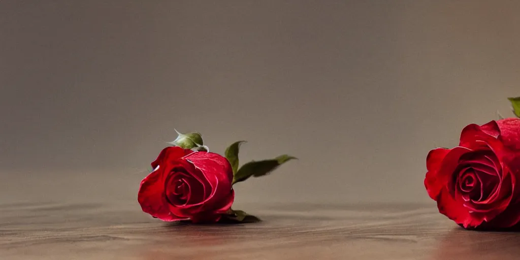 Prompt: a single red rose petal rests on a wooden table next to an intricate seashell, close up view, dramatic lighting, DOF, art nouveau, intricate artwork by Raymond Swanland and Ruan Jia