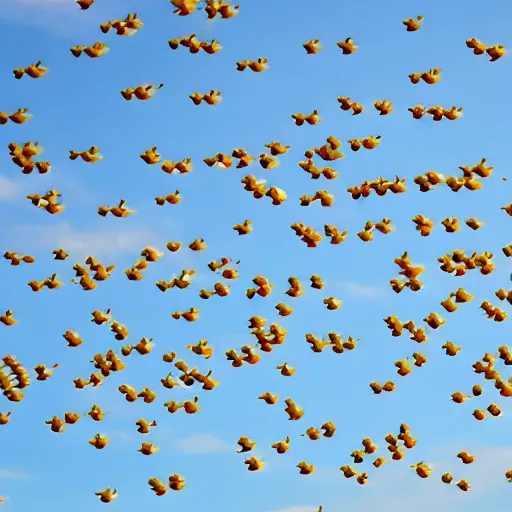 Image similar to photograph of rubber ducks flying in the sky