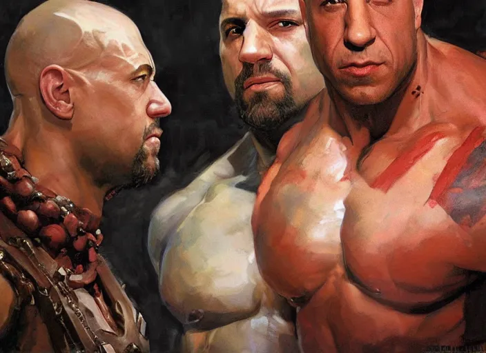 Image similar to a highly detailed beautiful portrait of vin diesel as kratos, by gregory manchess, james gurney, james jean