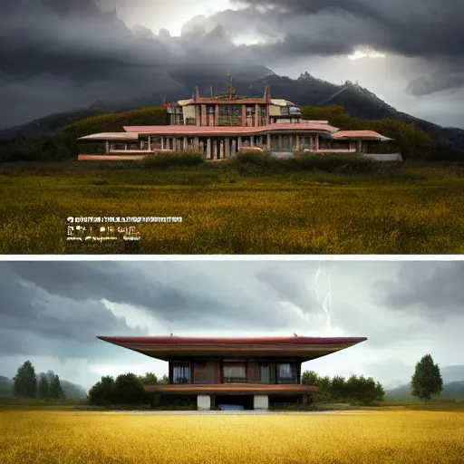 Prompt: modernist house inspired by a tibetan palace, open field, big trees, yellow clouds, dramatic lighting, artstation, matte painting, raphael lacoste, simon stalenhag, frank lloyd wright