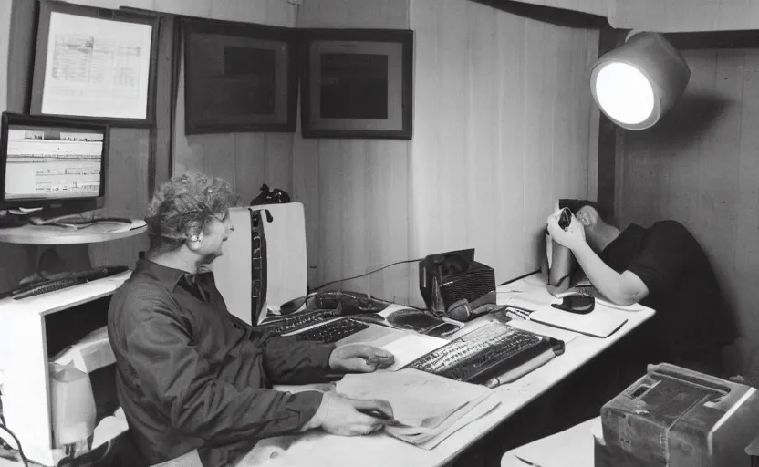 Image similar to man sitting facing away, working in dark radio booth, one single lamp, dingy, keyboard, door to lab, sweaty, tannoy, strange